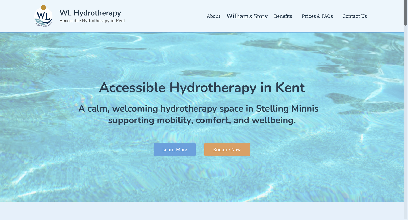 Home page of WL Hydrotherapy in Kent, a website designed by Thomas Rowe