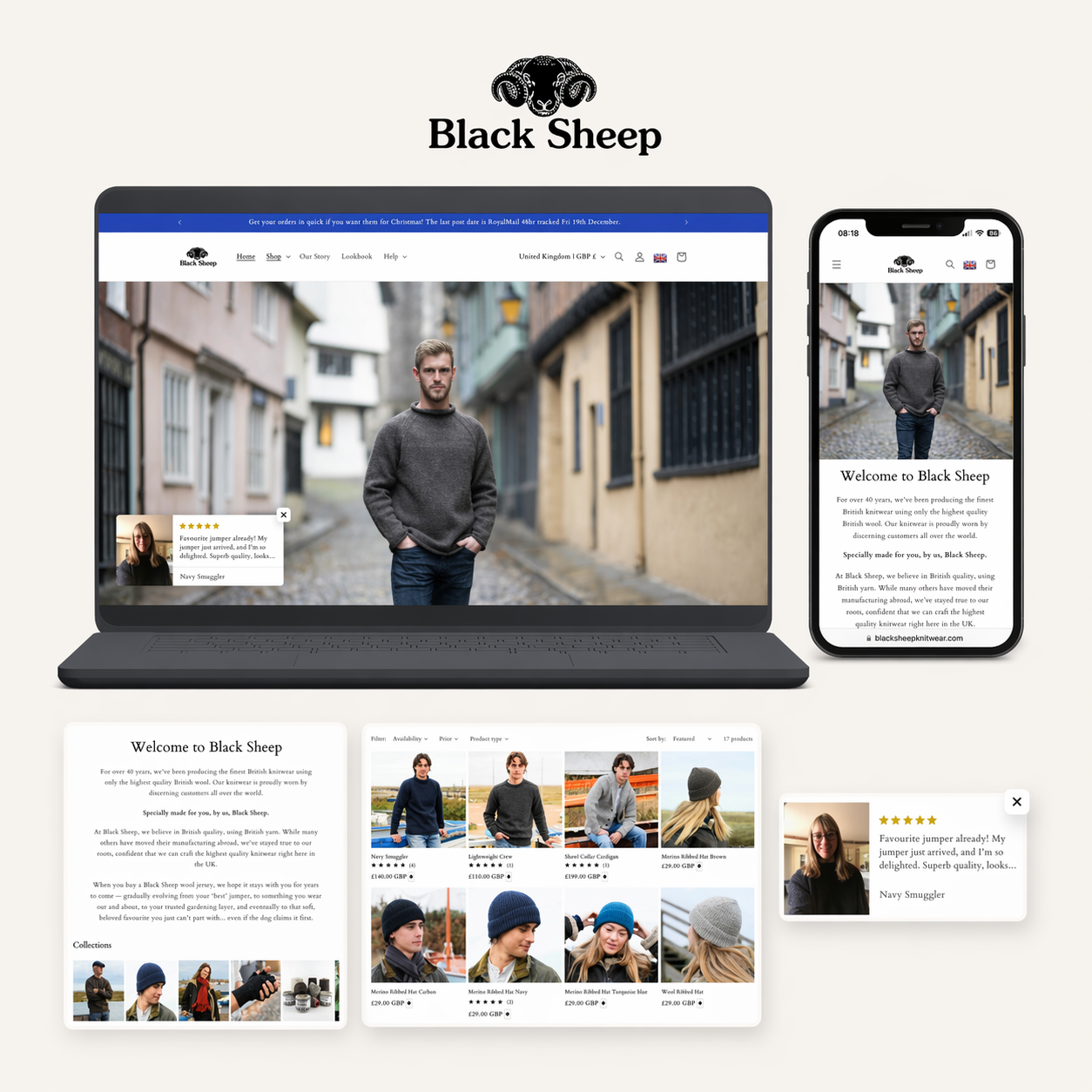 Portfolio mockup showing the Black Sheep Knitwear Shopify website across desktop and mobile, with homepage, product grid, and ecommerce details.
