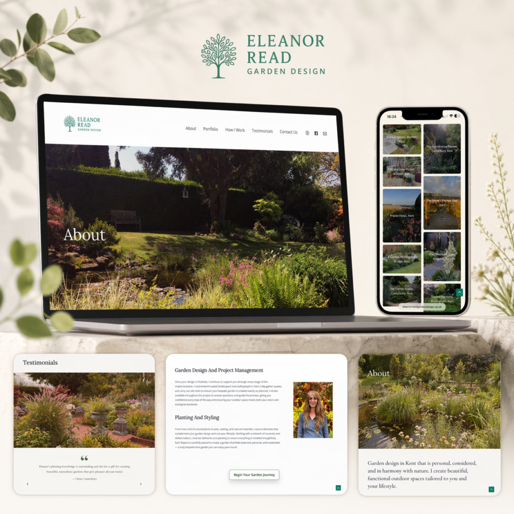 Portfolio mockup showing the Eleanor Read Garden Design website across desktop and mobile, with garden portfolio images, testimonials, and service pages.