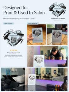 Portfolio graphic showing Snippers & Clippers review signage design alongside real in-salon photos of the printed display in use.