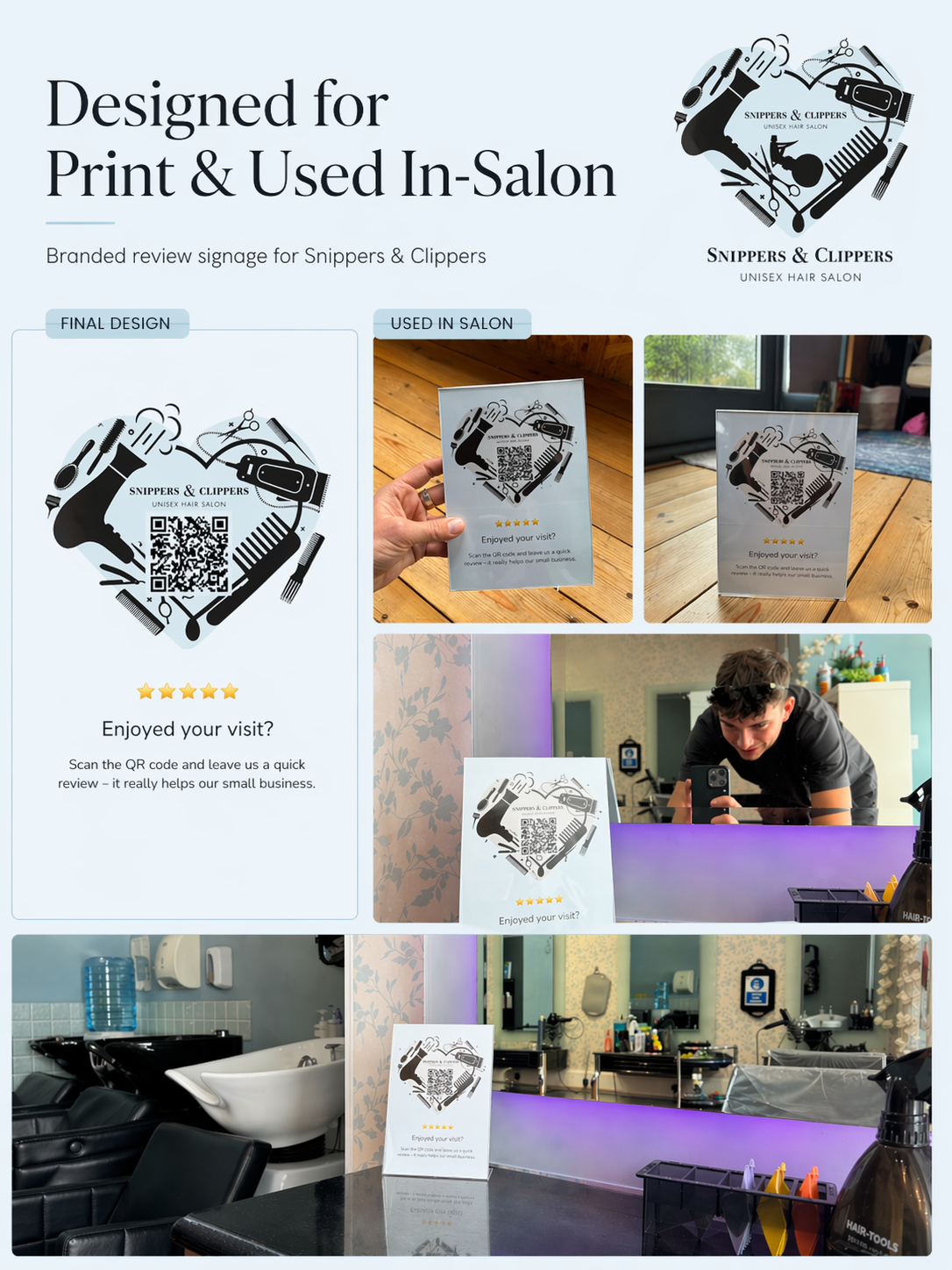Portfolio graphic showing Snippers & Clippers review signage design alongside real in-salon photos of the printed display in use.