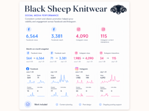 Social media analytics graphic for Black Sheep Knitwear showing performance growth across Facebook and Instagram between January and September 2025.