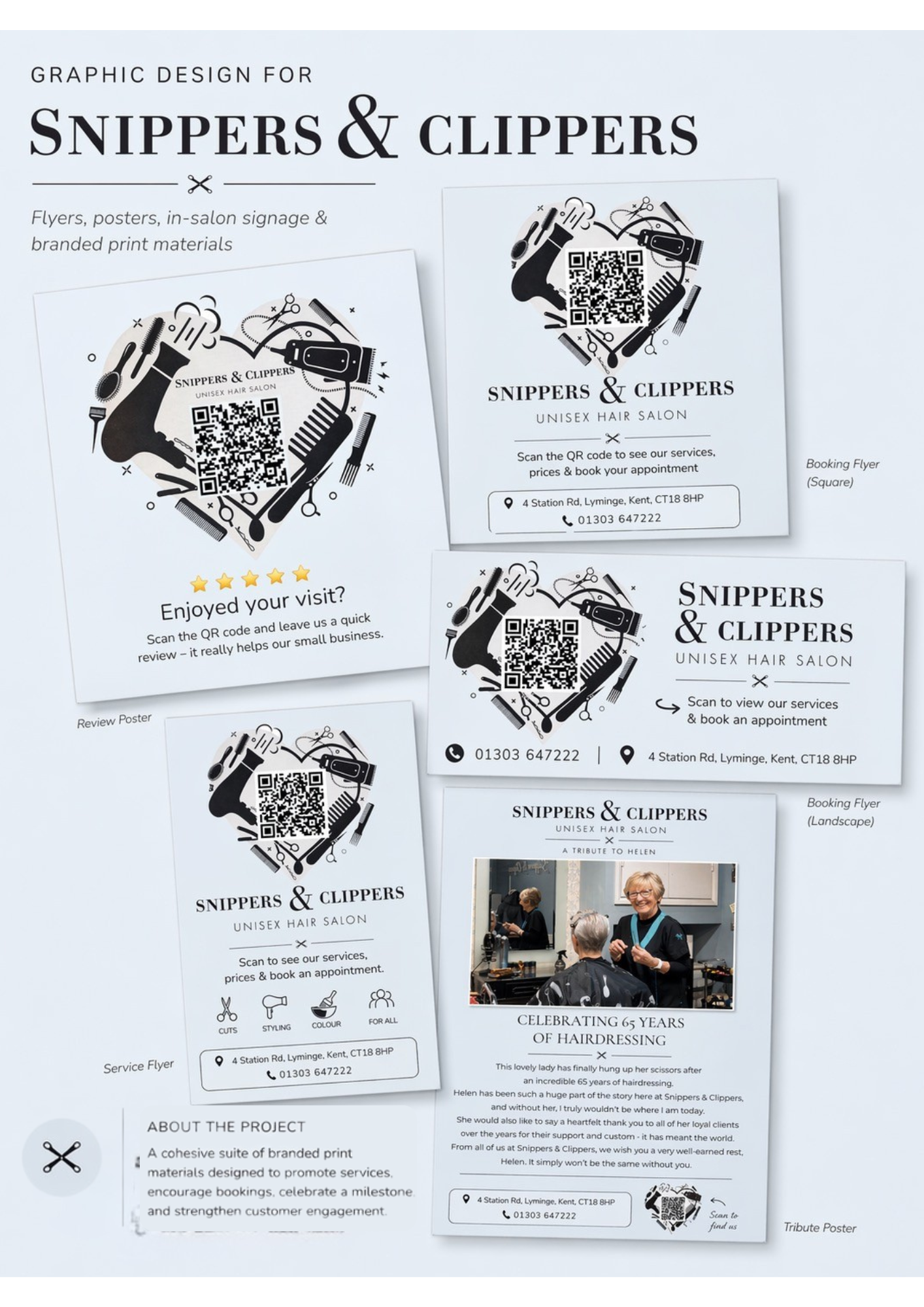 Portfolio graphic showing branded print design work for Snippers & Clippers, including flyers, posters, and salon signage.