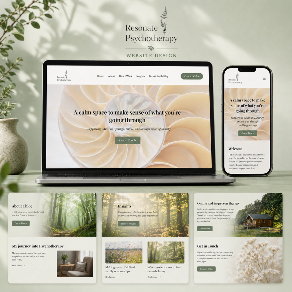 resonate-psychotherapy-mockup Portfolio mockup showing the Resonate Psychotherapy website across desktop and mobile, with homepage, services, and contact details.