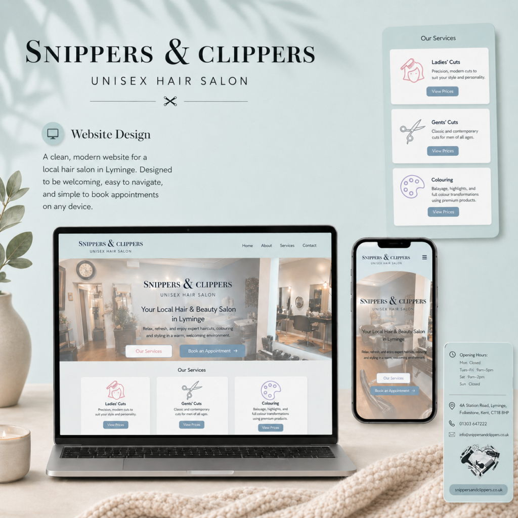 snippers-and -clippers-mockup-final Portfolio mockup showing the Snippers & Clippers salon website across desktop and mobile, with homepage, services, and contact details.